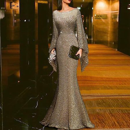 Women's Long Sleeve Slim Gown Dress - ANIBEY