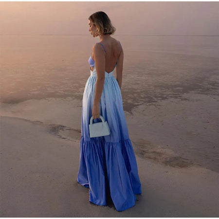 Women's Spaghetti Strapped Backless Gradient Long Dress - ANIBEY