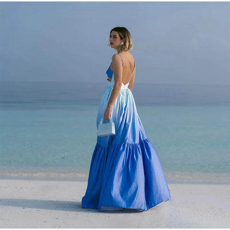 Women's Spaghetti Strapped Backless Gradient Long Dress - ANIBEY