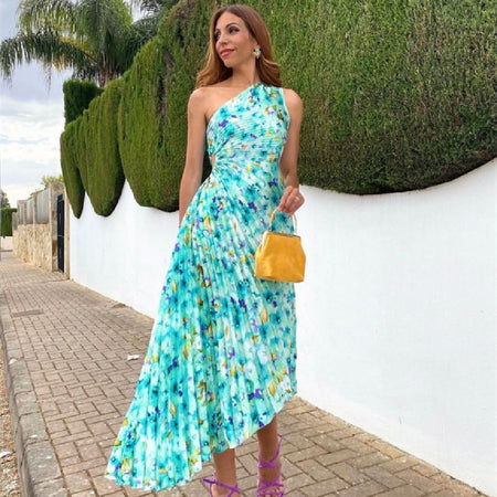 Women's Fashionable One-shoulder Printed Dress - ANIBEY