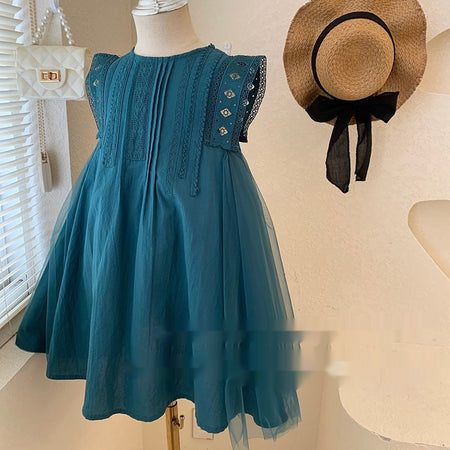 Girls' Summer Green Mesh Stitching Sleeveless Lace Vest Dress - ANIBEY