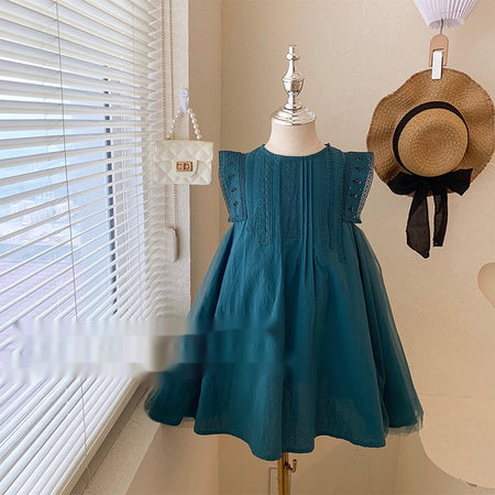 Girls' Summer Green Mesh Stitching Sleeveless Lace Vest Dress - ANIBEY