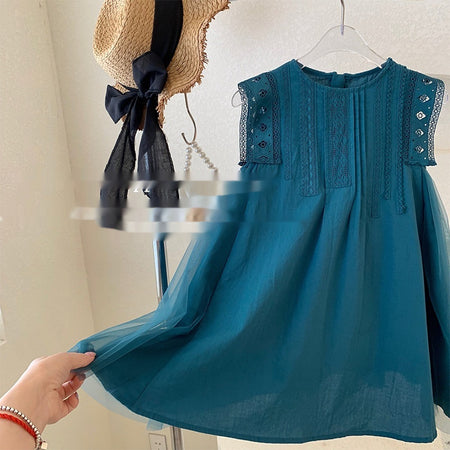Girls' Summer Green Mesh Stitching Sleeveless Lace Vest Dress - ANIBEY