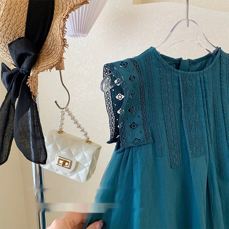 Girls' Summer Green Mesh Stitching Sleeveless Lace Vest Dress - ANIBEY