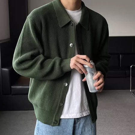 Men's Solid Color Casual Loose Retro Collared Cardigan - ANIBEY