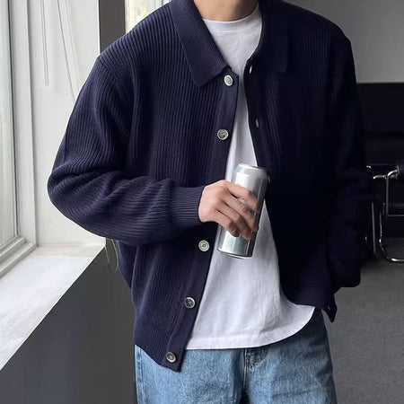 Men's Solid Color Casual Loose Retro Collared Cardigan - ANIBEY