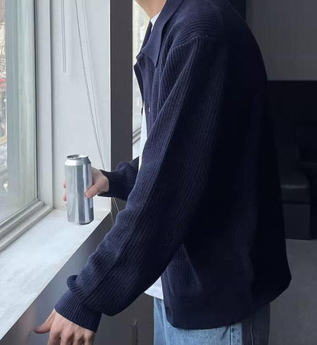 Men's Solid Color Casual Loose Retro Collared Cardigan - ANIBEY