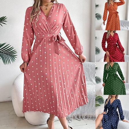 Elegant Polka Dot Cross V-neck Pleated Maxi Dress For Women - ANIBEY