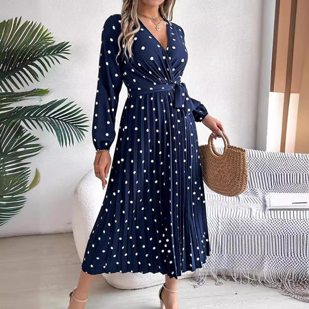 Elegant Polka Dot Cross V-neck Pleated Maxi Dress For Women - ANIBEY