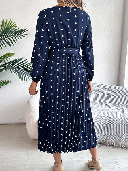 Elegant Polka Dot Cross V-neck Pleated Maxi Dress For Women - ANIBEY