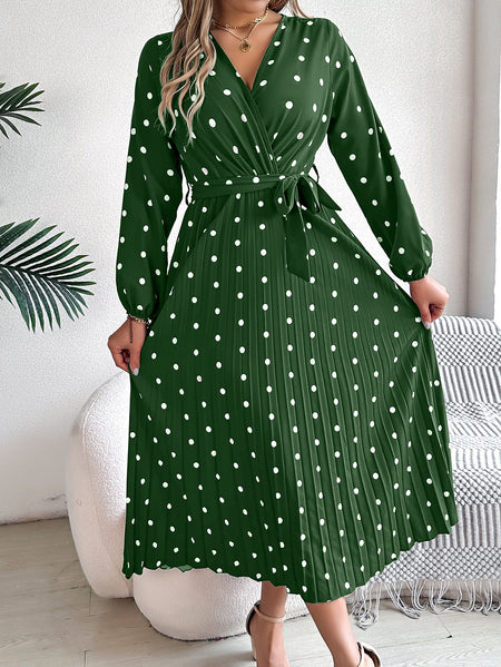 Elegant Polka Dot Cross V-neck Pleated Maxi Dress For Women - ANIBEY
