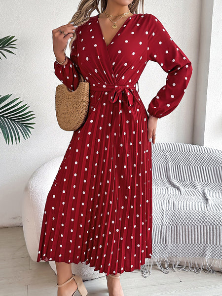 Elegant Polka Dot Cross V-neck Pleated Maxi Dress For Women - ANIBEY