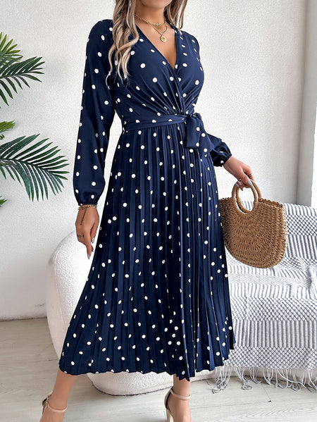 Elegant Polka Dot Cross V-neck Pleated Maxi Dress For Women - ANIBEY