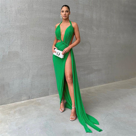 New Women's Fashion Halter Hollow Backless Slim Fit Slit Dress - ANIBEY