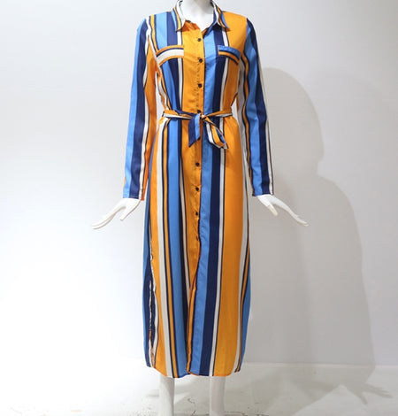 Stripe Shirt Women's Dress Spring Summer Chiffon V-neck Sexy Maxi Dresses Sexy Elegant Casual Girl Lace Women Long Sleeve - ANIBEY
