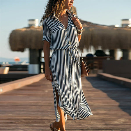 Stripe Shirt Women's Dress Spring Summer Chiffon V-neck Sexy Maxi Dresses Sexy Elegant Casual Girl Lace Women Long Sleeve - ANIBEY