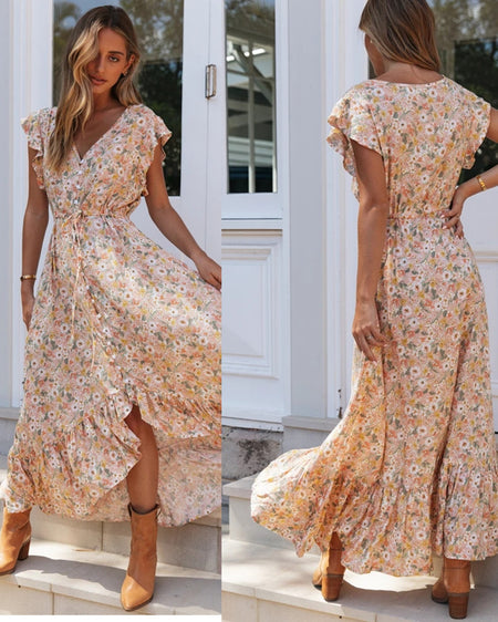 V-neck Printed Single-breasted Lace-up Dress With Irregular Waist - ANIBEY
