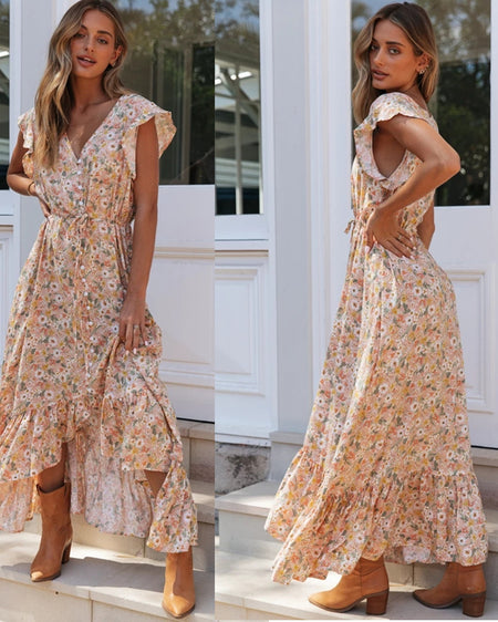 V-neck Printed Single-breasted Lace-up Dress With Irregular Waist - ANIBEY