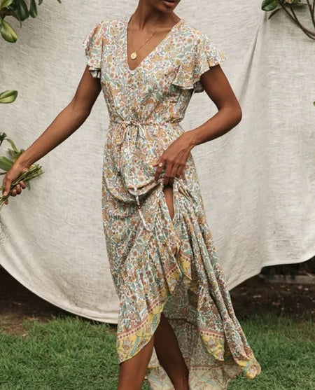 V-neck Printed Single-breasted Lace-up Dress With Irregular Waist - ANIBEY