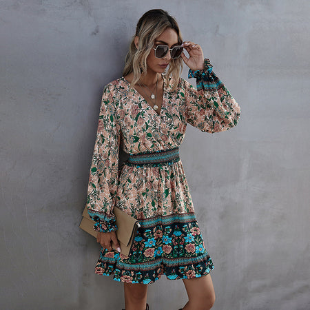 Women's High Waist Ruffled A Line Skirt Casual Temperament Bohemian Print Dress - ANIBEY