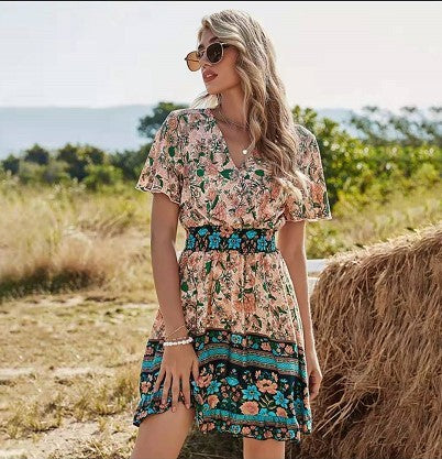 Women's High Waist Ruffled A Line Skirt Casual Temperament Bohemian Print Dress - ANIBEY