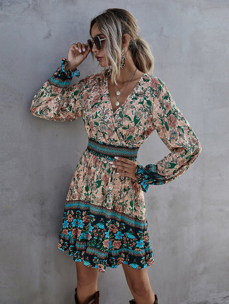 Women's High Waist Ruffled A Line Skirt Casual Temperament Bohemian Print Dress - ANIBEY