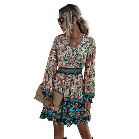 Women's High Waist Ruffled A Line Skirt Casual Temperament Bohemian Print Dress - ANIBEY