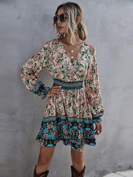 Women's High Waist Ruffled A Line Skirt Casual Temperament Bohemian Print Dress - ANIBEY