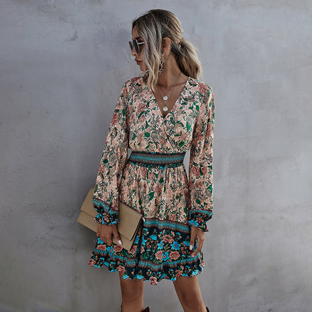 Women's High Waist Ruffled A Line Skirt Casual Temperament Bohemian Print Dress - ANIBEY