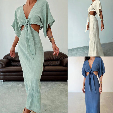 Women's Summer Slim Fit Midriff Outfit V-neck Dress - ANIBEY