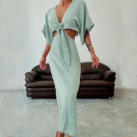 Women's Summer Slim Fit Midriff Outfit V-neck Dress - ANIBEY