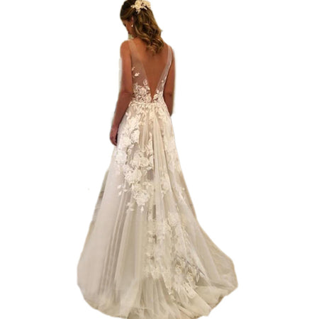 Double-shoulder Deep V-neck Slim-fit Lace Wrapped Shoulder Tail Wedding Dress - ANIBEY