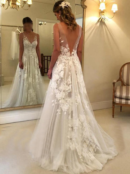 Double-shoulder Deep V-neck Slim-fit Lace Wrapped Shoulder Tail Wedding Dress - ANIBEY
