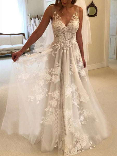 Double-shoulder Deep V-neck Slim-fit Lace Wrapped Shoulder Tail Wedding Dress - ANIBEY