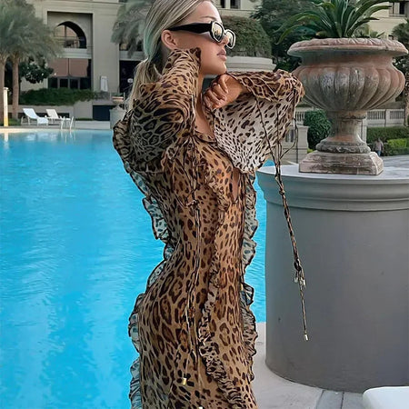 Women's Ruffled V-neck Leopard Print Midi Dress - ANIBEY