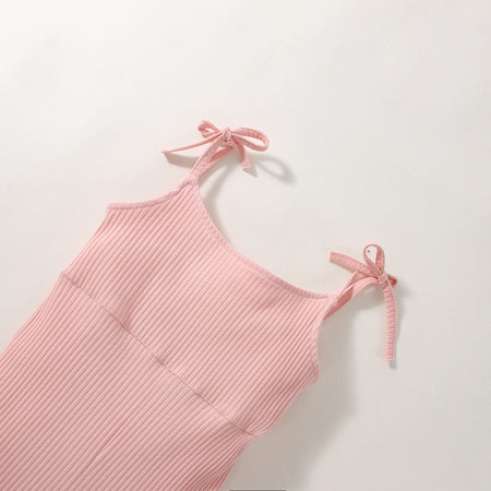 Summer Girls' Sunken Stripe Cotton Solid Color Sling One-piece Bell-bottom Pants - ANIBEY