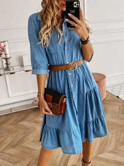 Cowgirl Square-Neck Stitching Row Mid-Length Skirt - ANIBEY