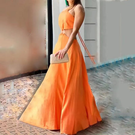 Orange Autumn Sleeveless Dress - ANIBEY