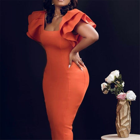 Elegant Orange Dress With Wood Ear Sleeves And High Waist Slimming - ANIBEY