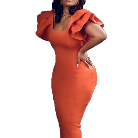 Elegant Orange Dress With Wood Ear Sleeves And High Waist Slimming - ANIBEY