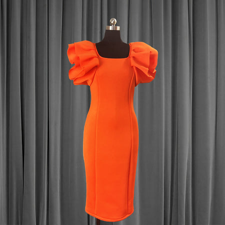 Elegant Orange Dress With Wood Ear Sleeves And High Waist Slimming - ANIBEY