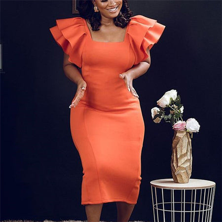 Elegant Orange Dress With Wood Ear Sleeves And High Waist Slimming - ANIBEY
