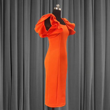 Elegant Orange Dress With Wood Ear Sleeves And High Waist Slimming - ANIBEY