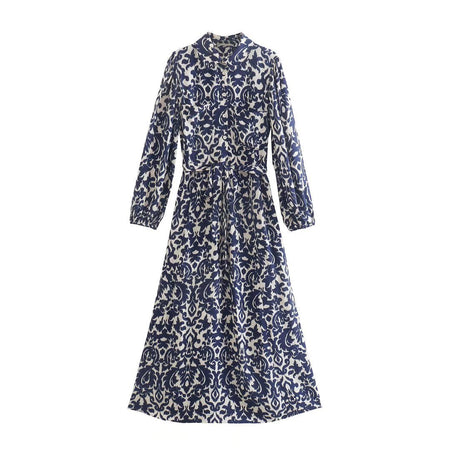 New Women's Stand Collar Printed Long Sleeve Waist-controlled Lace-up Dress - ANIBEY