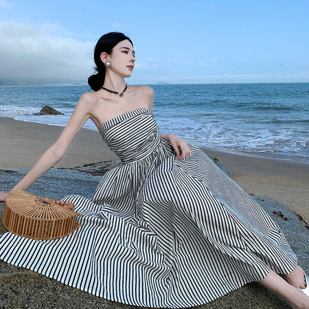 Off-neck Pleated High Waist A- Line Tube Top Beach Dress - ANIBEY