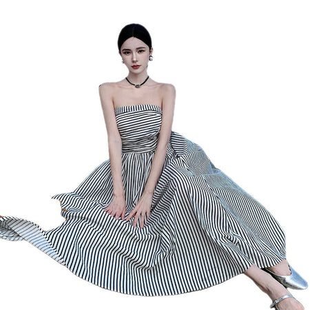 Off-neck Pleated High Waist A- Line Tube Top Beach Dress - ANIBEY