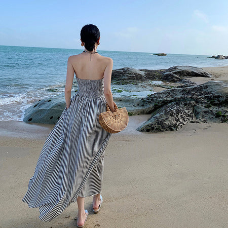 Off-neck Pleated High Waist A- Line Tube Top Beach Dress - ANIBEY
