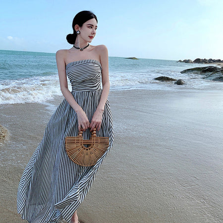 Off-neck Pleated High Waist A- Line Tube Top Beach Dress - ANIBEY