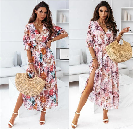 New Cross-Neck Puff Sleeves Waist Printed Large-Length Dress - ANIBEY