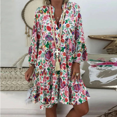 Small Floral V-neck Flare Sleeve Skirt - ANIBEY